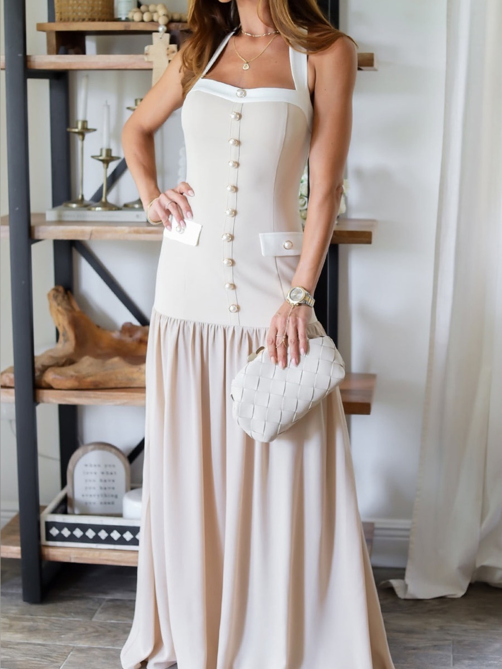 BLITHE Beige and White Sleeveless Halter Maxi Dress with Button Front- NWT